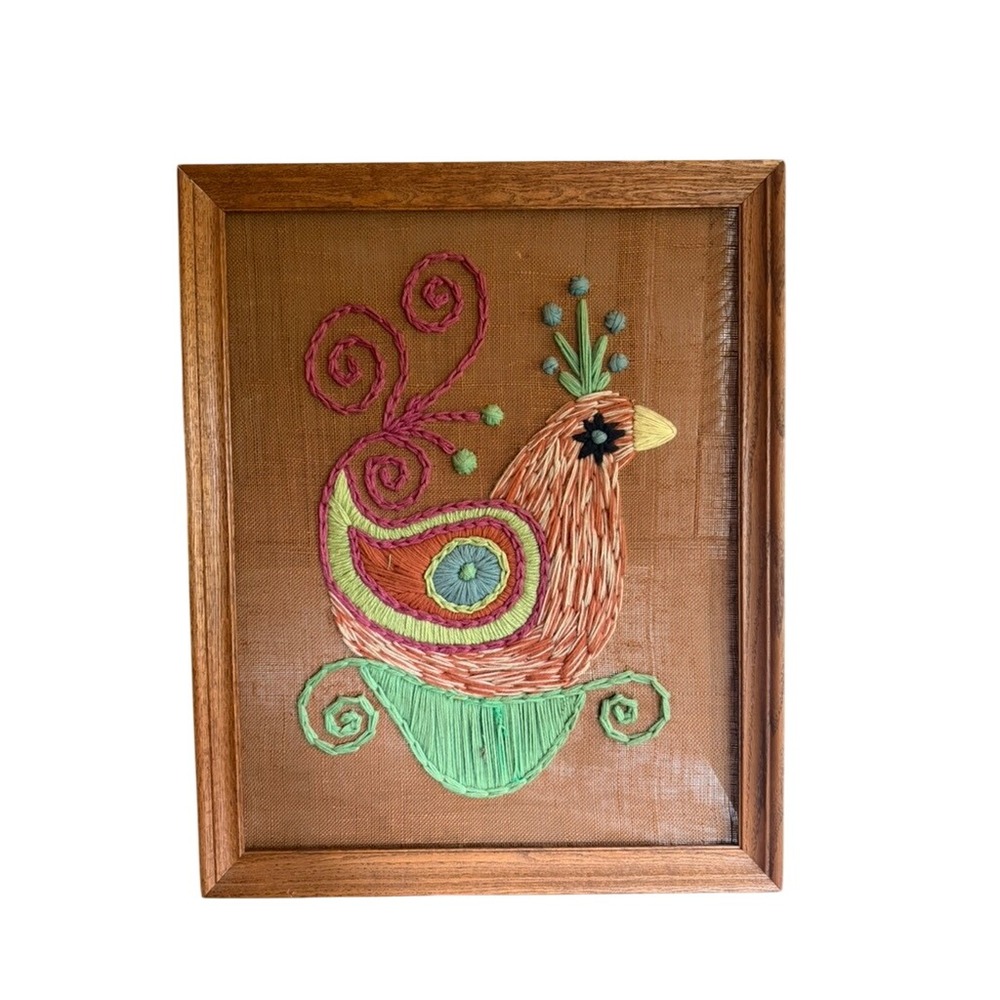 Handmade Rustic Embroidery Brown Bird Folk Art Framed Burlap Mid Century Modern